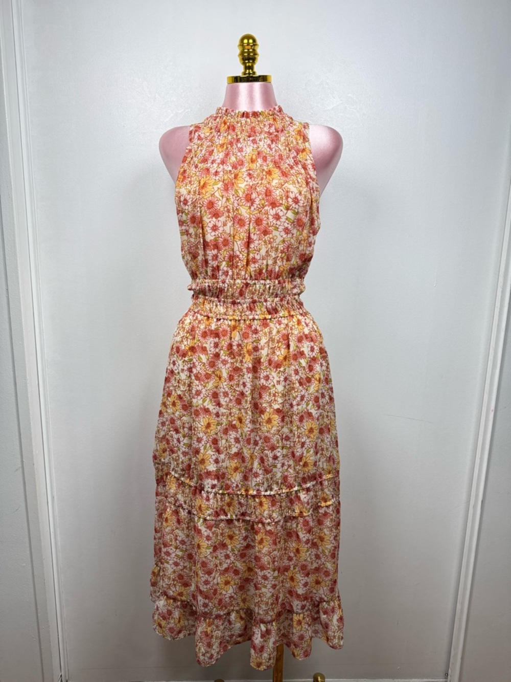 Sienna Sky Floral Midi Dress Halter Neck Smocked Waist Ruffle Hem Boho Size Xs